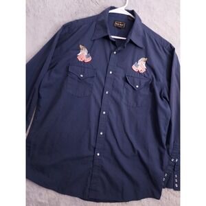 Vintage High Noon Shirt Mens Large Pearl Snap Western Gaucho Flag Eagle USA Blue